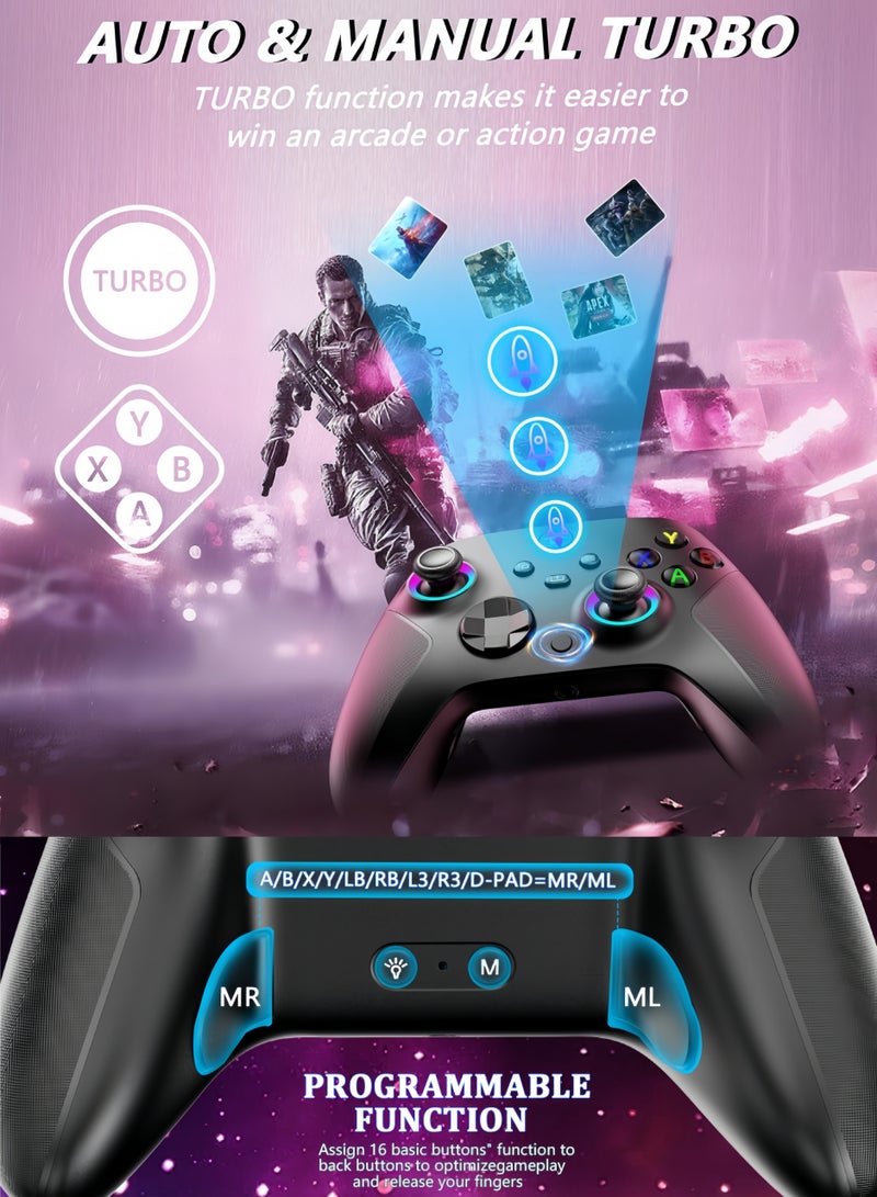 كول رابي وحدة تحكم لاسلكية بتردد 2.4 جيجاهرتز مع إضاءة RGB بسبعة ألوان لأجهزة Xbox One و Xbox Series X/S و Xbox One X/S والكمبيوتر الشخصي و Steam، مزودة بعصا تحكم بتقنية تأثير هول، وبطارية بسعة 800 مللي أمبير/ساعة، ووظيفة اهتزاز مزدوج، ووظيفة توربو، وإمكانية البرمجة، ومنفذ صوت 3.5 ملم (أسود كلاسيكي). - Image 4